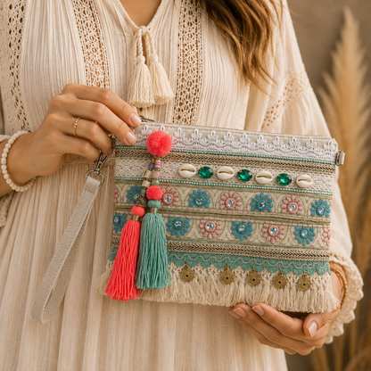 Pochette Boho Ricamata con Nappine Colorate – Dettagli Vivaci e Chic