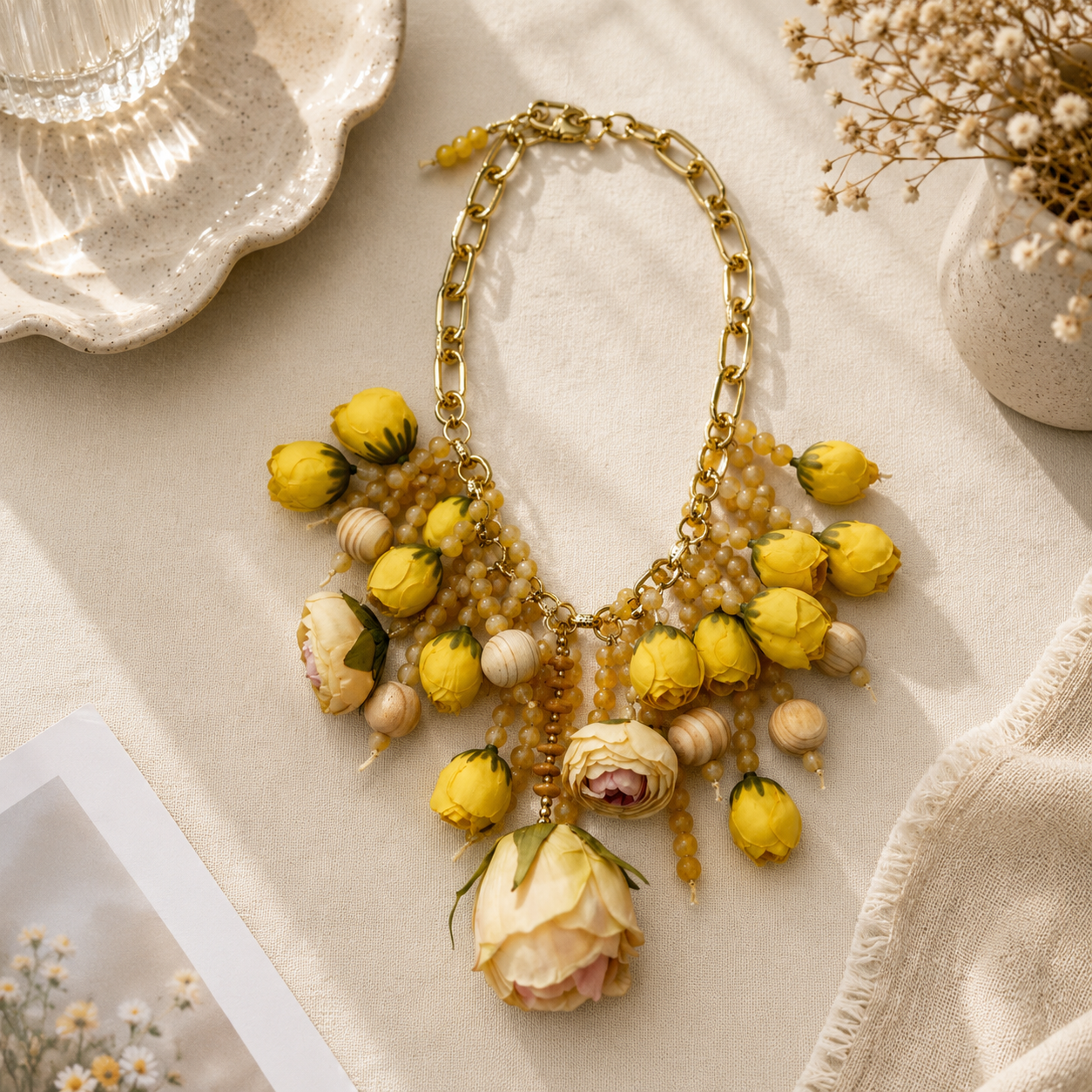 Collana Floreale Gialla con Catena Dorata – Statement Necklace Elegante