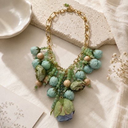 Collana Floreale Verde Acqua con Catena Dorata – Statement Necklace Elegante