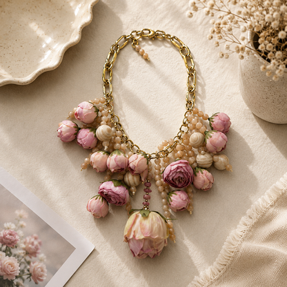 Collana Rosa Floreale con Catena Dorata – Statement Necklace Romantica