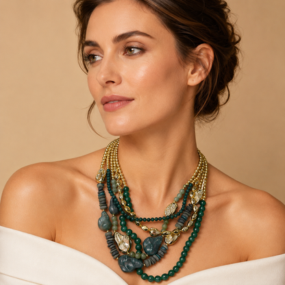 Collana Multistrato con Perline e Pietre Decorative – Stile Boho Chic Ricercato Donna