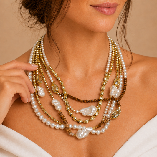 Collana Multistrato con Perle e Dettagli Oro – Stile Elegante e Raffinato Donna