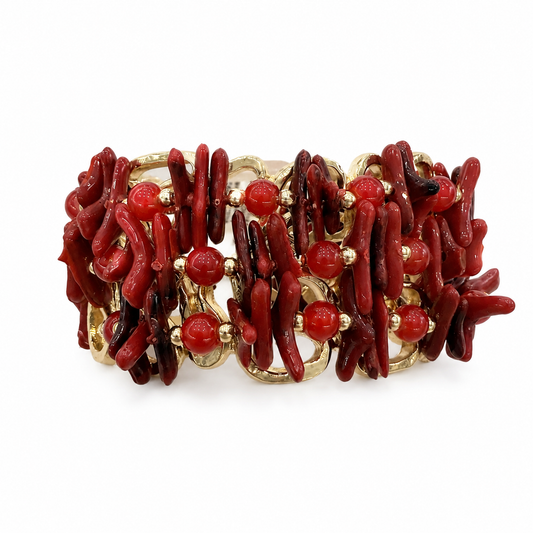 Bracciale Statement Rosso Corallo con Dettagli Dorati