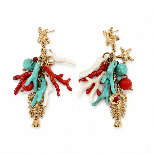 Orecchini Pendenti Multicolor con Corallo e Aragosta Dorata