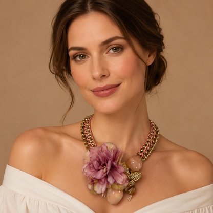 Collana Statement con Catena Dorata Intrecciata e Fiore Rosa – Collana Boho Chic Floreale da Donna