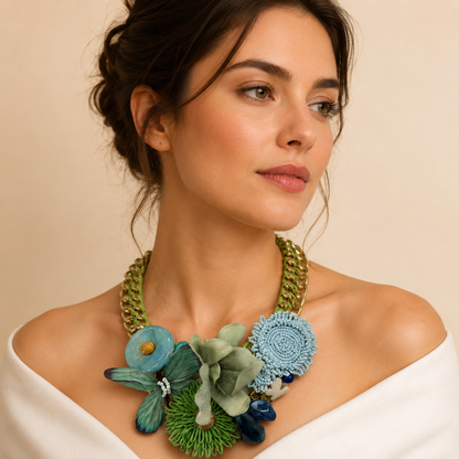 Collana Statement con Catena Dorata Verde, Fiori e Farfalla Decorativa – Collana Boho Chic da Donna