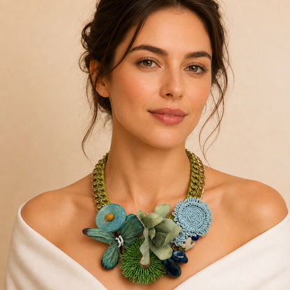 Collana Statement con Catena Dorata Verde, Fiori e Farfalla Decorativa – Collana Boho Chic da Donna