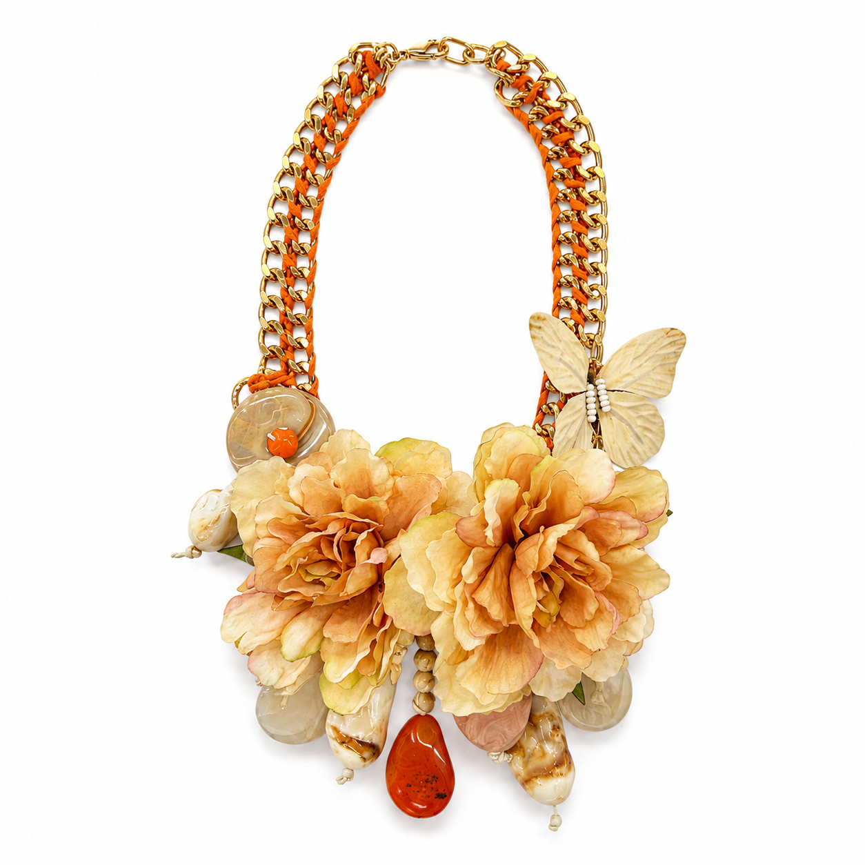Collana Statement con Catena Dorata, Doppi Fiori Beige e Farfalla – Collana Boho Chic Floreale da Donna