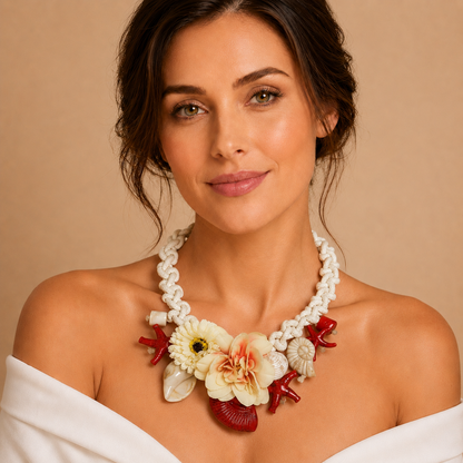 Collana Statement Marina con Corda Intrecciata, Conchiglie, Coralli e Fiori – Collana Boho Chic da Donna