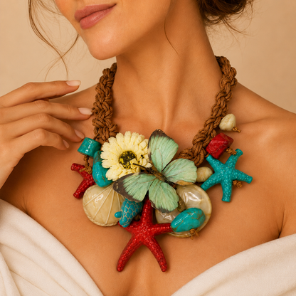 Collana Statement Marina con Corda Intrecciata, Farfalla, Coralli e Conchiglie – Collana Boho Chic da Donna