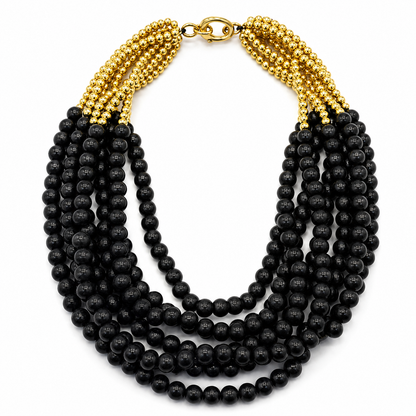 Collana Multistrato con Perline Nere e Dettagli Oro – Stile Elegante Donna