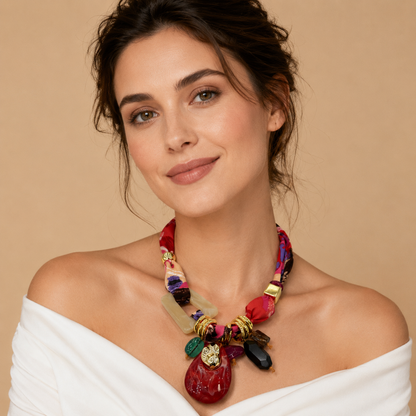 Collana con Fascia in Tessuto Multicolor e Pendenti Colorati – Statement Necklace da Donna