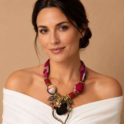 Collana Statement con Fascia in Tessuto Fantasia e Pendente Astratto – Collana Donna Multicolor
