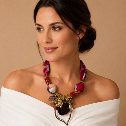 Collana Statement con Fascia in Tessuto Fantasia e Pendente Astratto – Collana Donna Multicolor