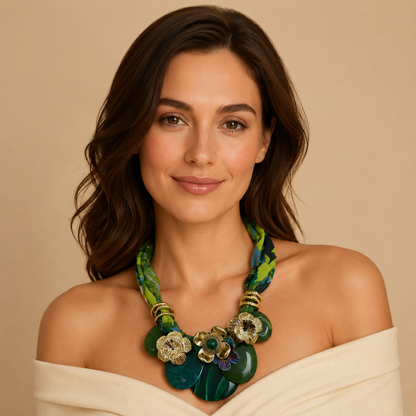 Collana Statement con Fascia in Tessuto Verde e Maxi Pendenti in Resina – Collana Donna Floreale Elegante