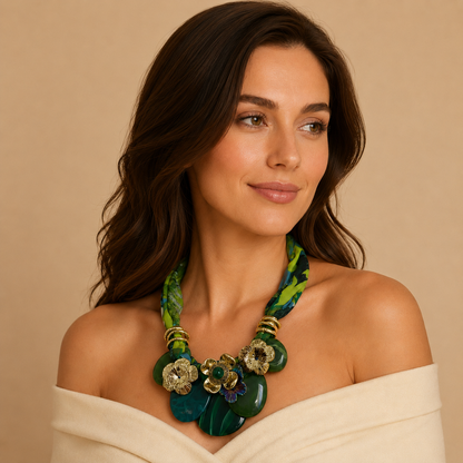 Collana Statement con Fascia in Tessuto Verde e Maxi Pendenti in Resina – Collana Donna Floreale Elegante
