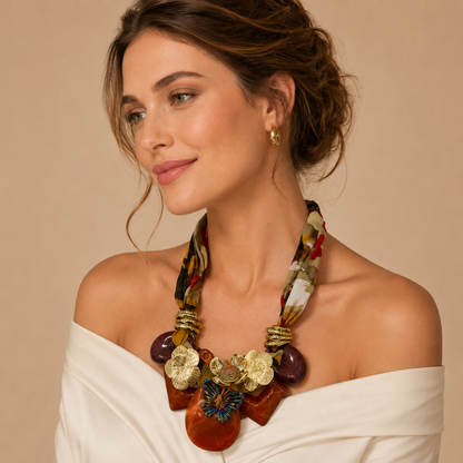 Collana Statement con Fascia in Tessuto Multicolor e Pendenti in Resina – Collana Donna Elegante con Farfalla