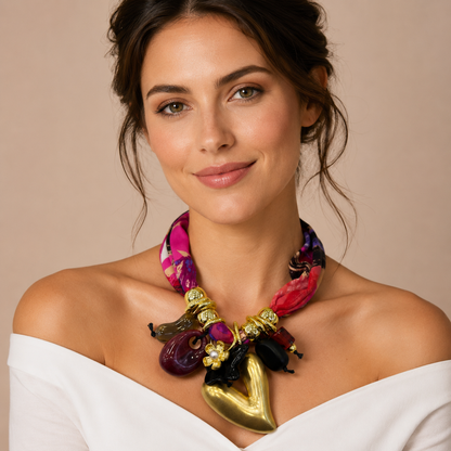 Collana Statement con Fascia in Tessuto Fantasia e Maxi Cuore Dorato – Collana Donna Elegante