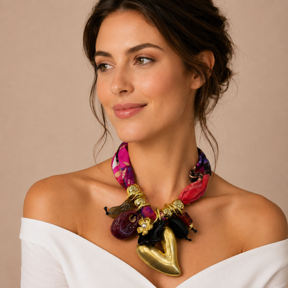 Collana Statement con Fascia in Tessuto Fantasia e Maxi Cuore Dorato – Collana Donna Elegante