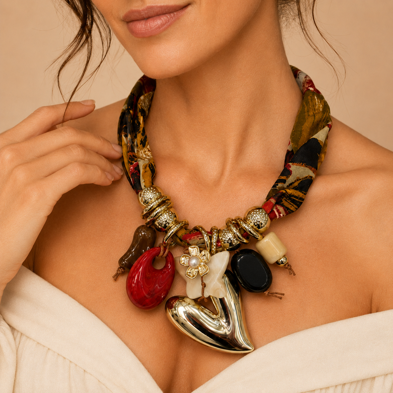 Collana Statement con Fascia in Tessuto Multicolor e Cuore Metallizzato – Collana Donna Elegante