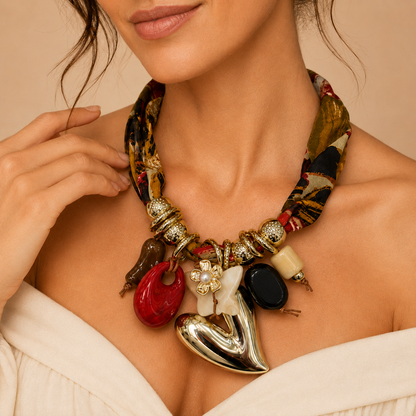 Collana Statement con Fascia in Tessuto Multicolor e Cuore Metallizzato – Collana Donna Elegante