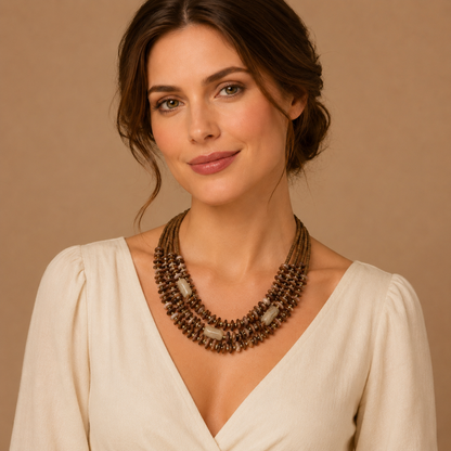 Collana Multistrato Marrone con Perline Effetto Pietra – Collana Statement Boho Donna
