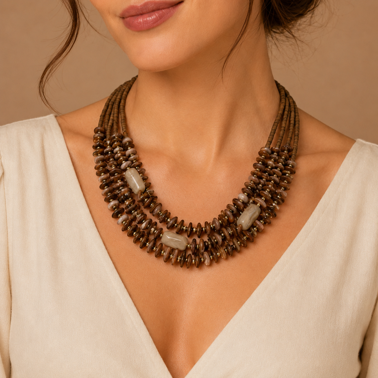 Collana Multistrato Marrone con Perline Effetto Pietra – Collana Statement Boho Donna