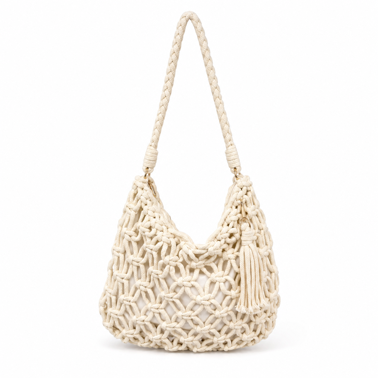 Borsa a Spalla Intrecciata Crema con Nappina
