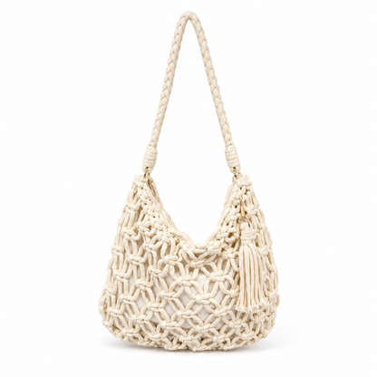 Borsa a Spalla Intrecciata Crema con Nappina