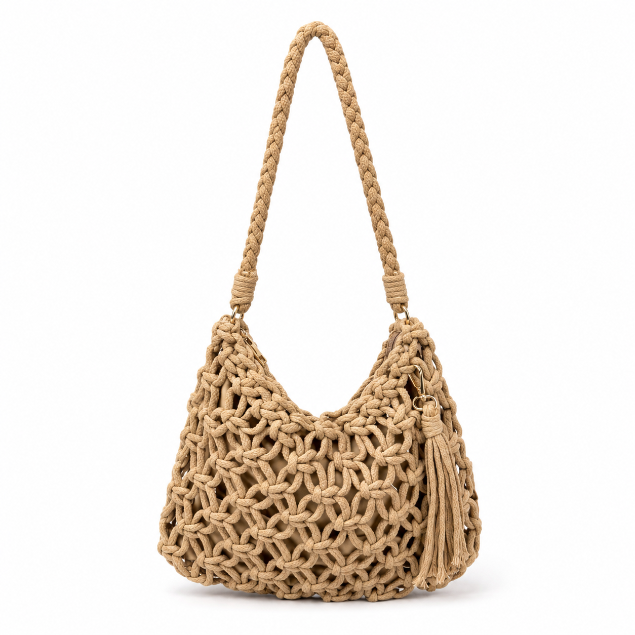 Borsa a Spalla Intrecciata Beige con Nappina