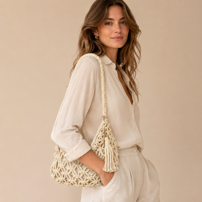 Borsa a Spalla Intrecciata Crema con Nappina