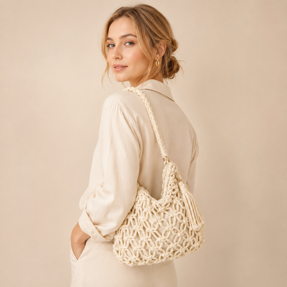 Borsa a Spalla Intrecciata Crema con Nappina