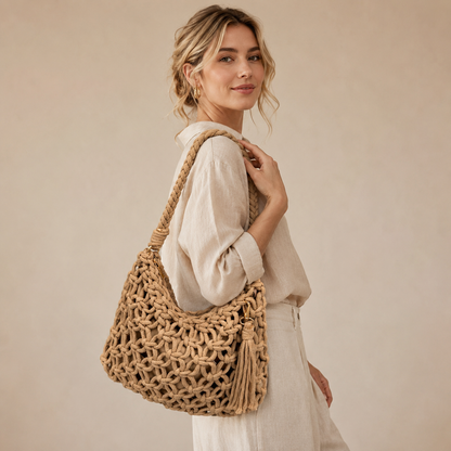 Borsa a Spalla Intrecciata Beige con Nappina