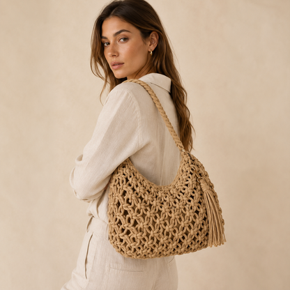 Borsa a Spalla Intrecciata Beige con Nappina
