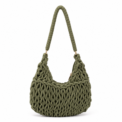 Borsa a Spalla Intrecciata Verde Oliva con Manico Intrecciato