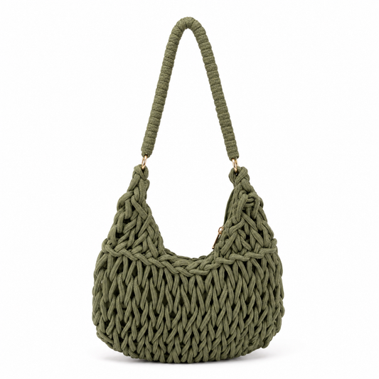 Borsa a Spalla Intrecciata Verde Oliva con Manico Intrecciato