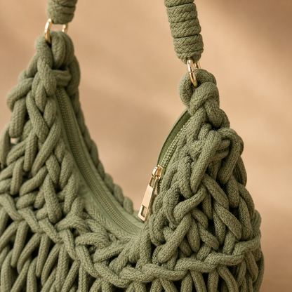 Borsa a Spalla Intrecciata Verde Oliva con Manico Intrecciato