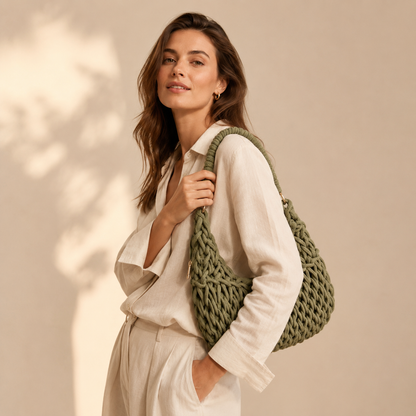 Borsa a Spalla Intrecciata Verde Oliva con Manico Intrecciato