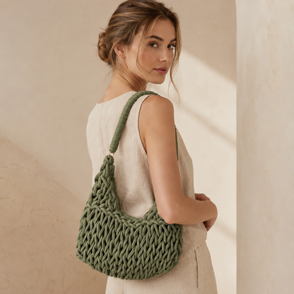 Borsa a Spalla Intrecciata Verde Oliva con Manico Intrecciato