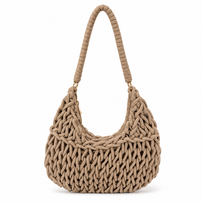 Borsa a Spalla Intrecciata Beige con Manico Rivestito