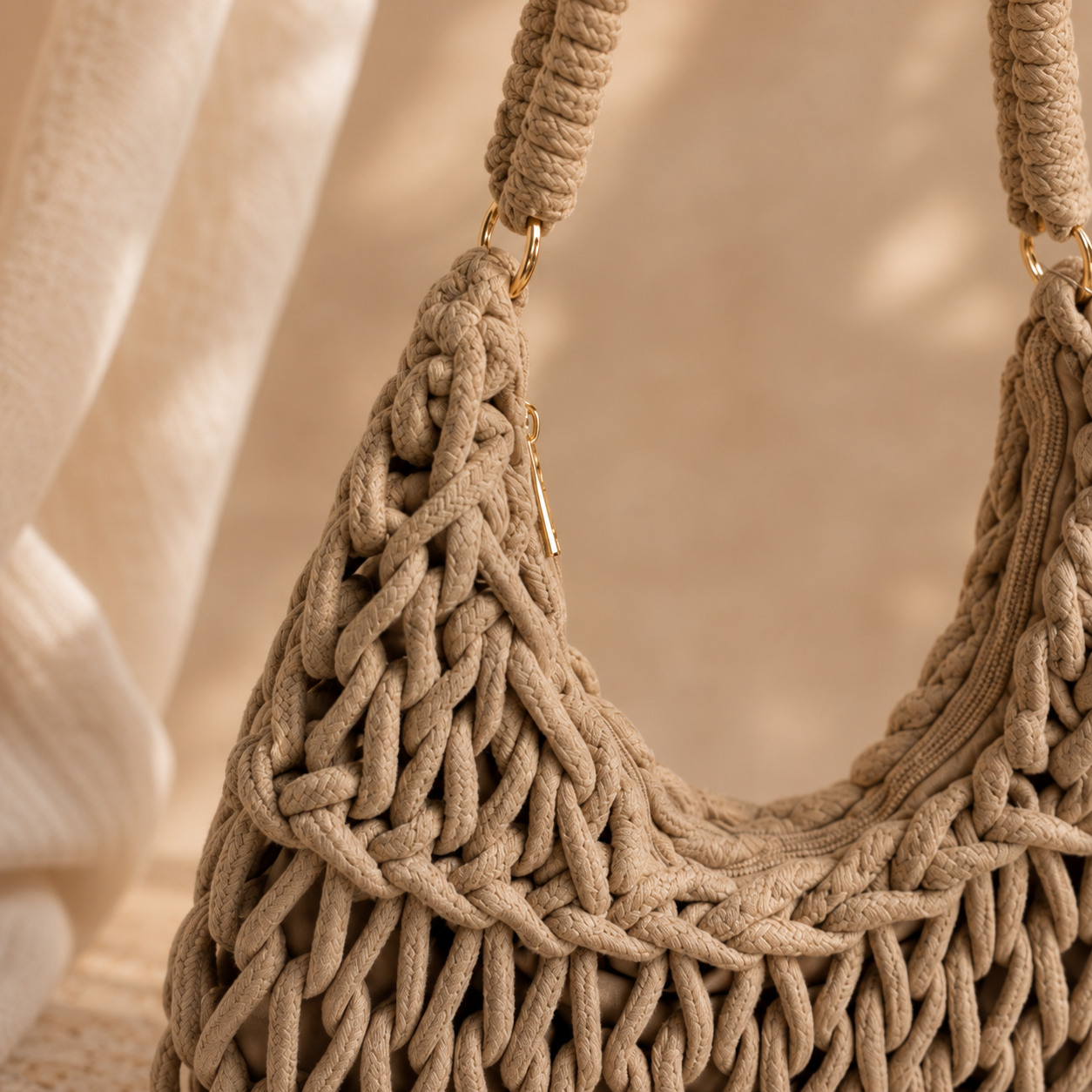 Borsa a Spalla Intrecciata Beige con Manico Rivestito