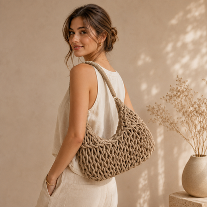 Borsa a Spalla Intrecciata Beige con Manico Rivestito