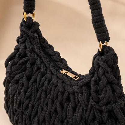Borsa a Spalla Intrecciata Nera con Manico Avvolto
