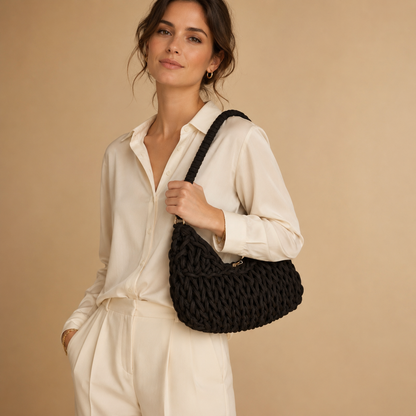 Borsa a Spalla Intrecciata Nera con Manico Avvolto