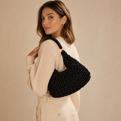 Borsa a Spalla Intrecciata Nera con Manico Avvolto