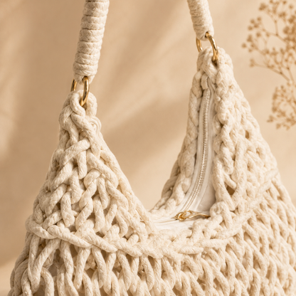 Borsa a Spalla Intrecciata Avorio in Corda di Cotone