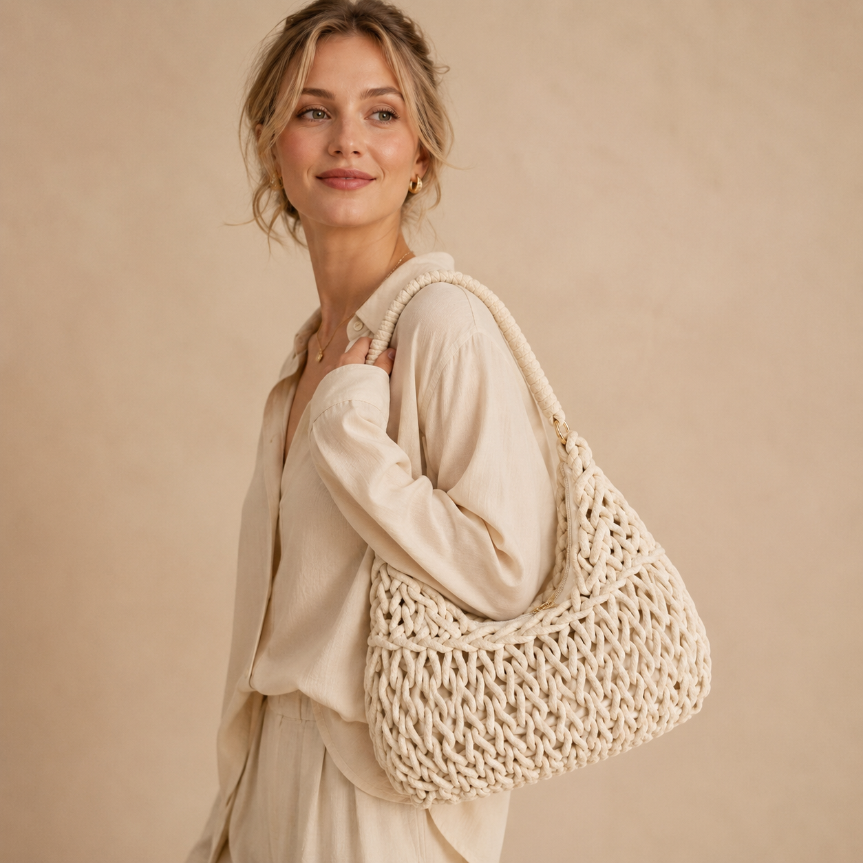 Borsa a Spalla Intrecciata Avorio in Corda di Cotone