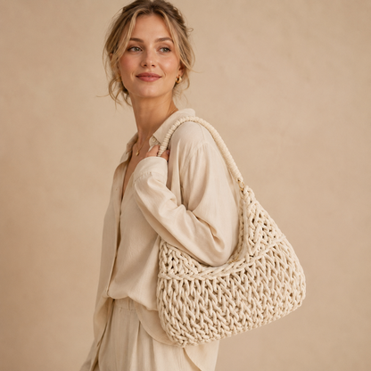 Borsa a Spalla Intrecciata Avorio in Corda di Cotone