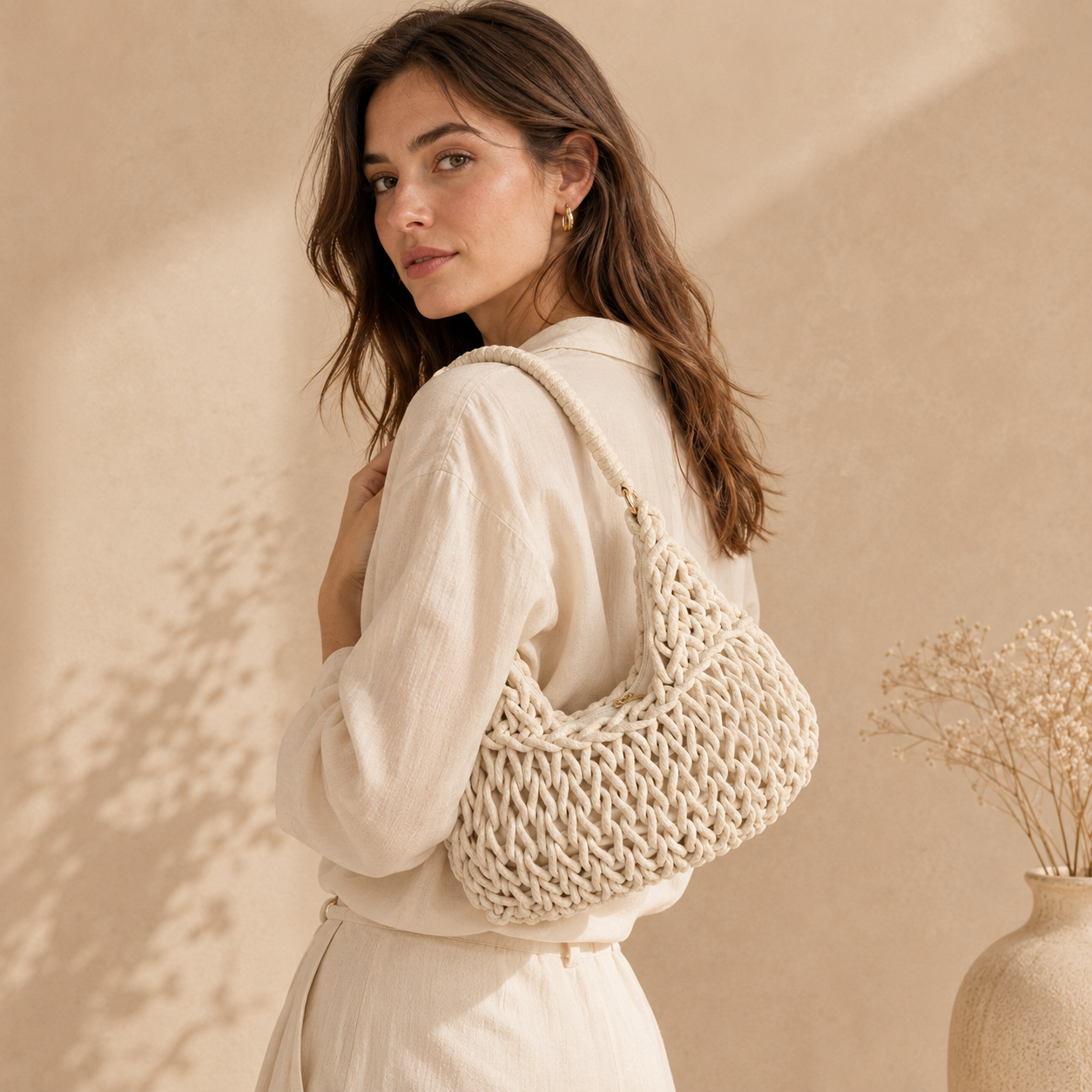 Borsa a Spalla Intrecciata Avorio in Corda di Cotone