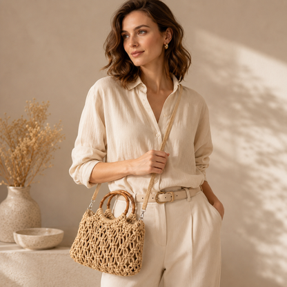 Borsa a Mano Intrecciata Beige con Manico in Bambù